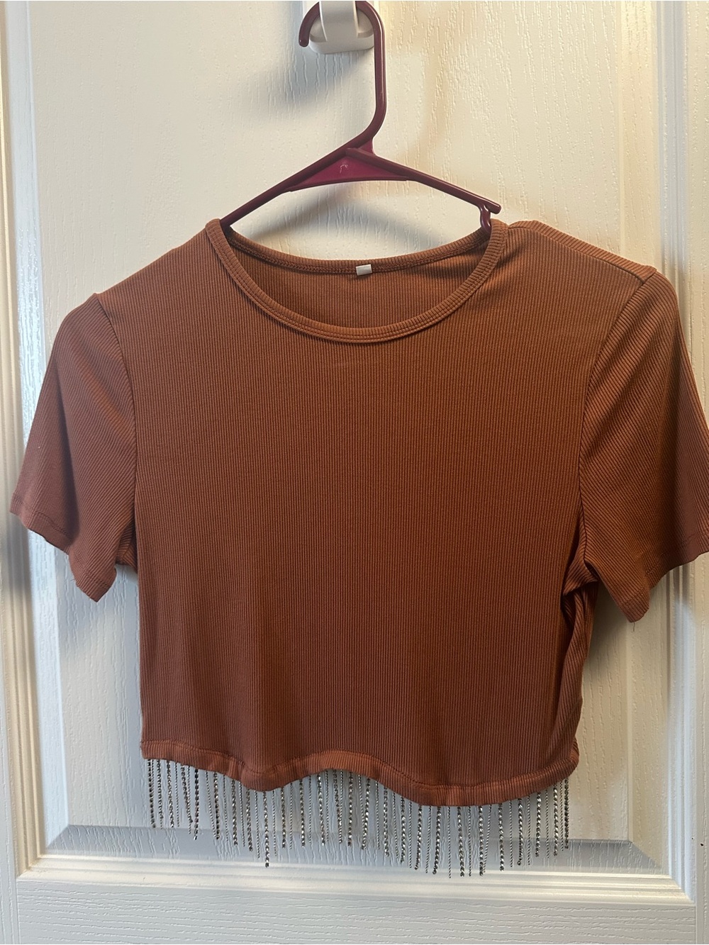 Cropped Ribbed Tee with Fringe Hem - Rust Brown